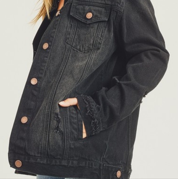 RISEN Distressed Cotton Torn Denim Jean Jacket Long Sleeve Black Button Collar - Picture 4 of 16